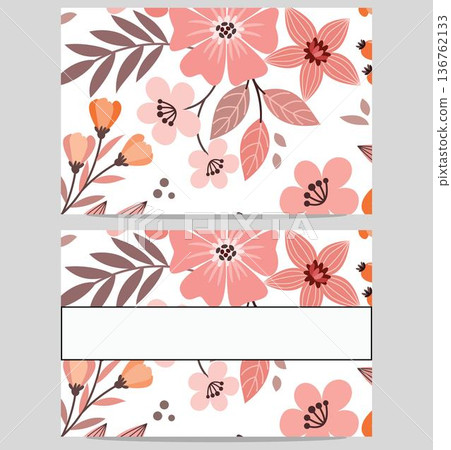Floral design templates with pink flowers and brown leaves on white background for greeting cards or invitations finishing 136762133