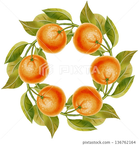 Mandarin Orange and Leaf Wreath. Watercolor illustration of a circular wreath featuring peeled and unpeeled mandarins. Perfect for New Year's designs, packaging, menus, branding, and food packaging 136762164