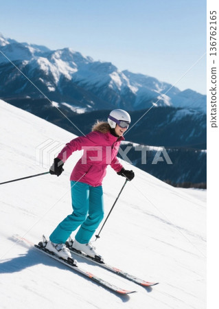 滑雪少女快乐享受雪山 136762165