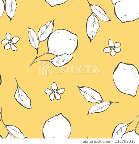 Minimalist lemon fruit and floral seamless pattern on yellow background 136762315