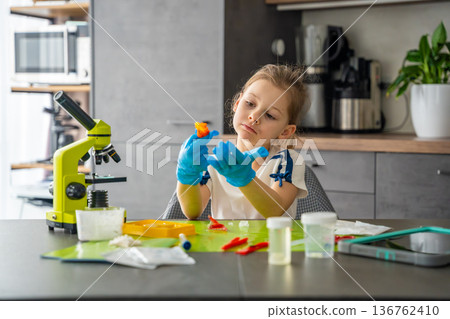 Girl wearing protective gloves examining grown crystal at table with microscope and laboratory tools. Hands on science experiment and early chemistry learning through crystal growth kit. Girl wearing protective gloves examining grown crystal at table with microscope and laboratory tools. Hands on science experiment and early chemistry learning through crystal growth kit. 136762410