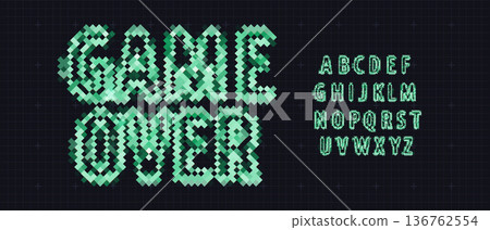 Game Over Font Logo Alphabet Y2K Pixel Letter Set Modern Typography, Arcade Typographic Design for Title Text, Gaming Typo Headline, Old Computer Type Symbol Logotype, Games Fonts. Vector Typeface Game Over Font Logo Alphabet Y2K Pixel Letter Set Modern Typography, Arcade Typographic Design for Title Text, Gaming Typo Headline, Old Computer Type Symbol Logotype, Games Fonts. Vector Typeface 136762554