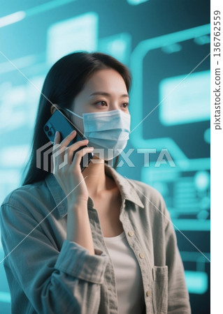 戴口罩女子手机通话科技背景 136762559