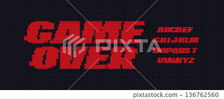 Game Over Font Logo Alphabet Y2K Pixel Letter Set Modern Typography, Arcade Typographic Design for Title Text, Gaming Typo Headline, Old Computer Type Symbol Logotype, Games Fonts. Vector Typeface Game Over Font Logo Alphabet Y2K Pixel Letter Set Modern Typography, Arcade Typographic Design for Title Text, Gaming Typo Headline, Old Computer Type Symbol Logotype, Games Fonts. Vector Typeface 136762560