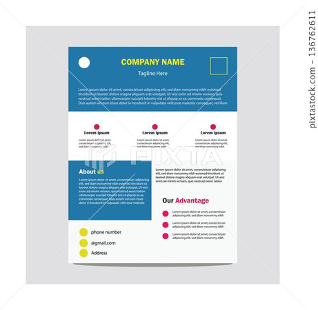 Company brochure template with placeholder text and contact information on a clean white background Company brochure template with placeholder text and contact information on a clean white background 136762611