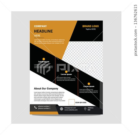 Corporate company brochure template design with geometric shapes and placeholder text for business information and branding elements ready for customization Corporate company brochure template design with geometric shapes and placeholder text for business information and branding elements ready for customization 136762615