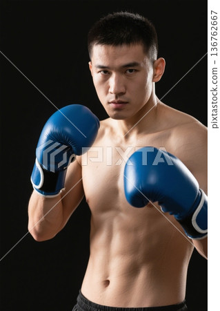拳击手戴着蓝色拳套准备格斗 拳击手戴着蓝色拳套准备格斗 136762667