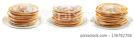 Tall stack of golden brown pancakes covered in powdered sugar, isolated on white transparent background 136762708