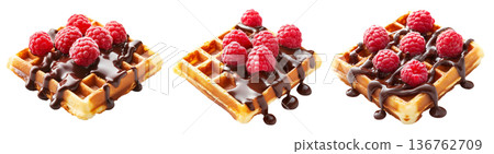 Waffle topped with fresh raspberries and drizzled chocolate syrup, isolated on white, concept of sweet dessert snack Waffle topped with fresh raspberries and drizzled chocolate syrup, isolated on white, concept of sweet dessert snack 136762709