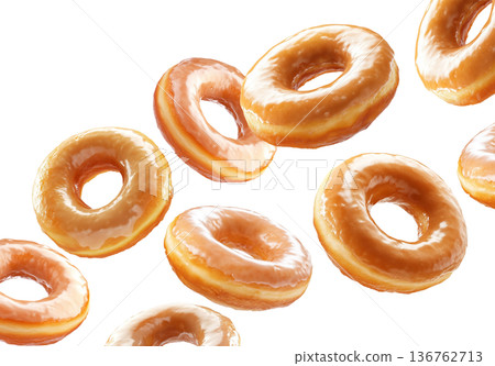 Five shiny glazed donuts floating isolated on white background, concept of sweet food and dessert temptation Five shiny glazed donuts floating isolated on white background, concept of sweet food and dessert temptation 136762713