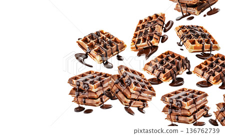 Crispy waffles generously drizzled with rich chocolate syrup, on white background. Concept of dessert, indulgence, sweetness 136762739