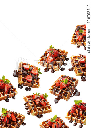 Sweet waffles with strawberries and chocolate isolated on white background, concept of tasty breakfast pattern 136762743