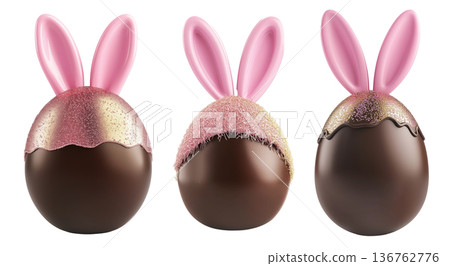 Set of Chocolate Easter egg with pink bunny ears and golden sprinkles isolated on white transparent background. 136762776