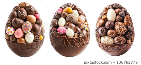 Assortment of chocolate Easter eggs in decorative chocolate shell, isolated on white transparent background. Assortment of chocolate Easter eggs in decorative chocolate shell, isolated on white transparent background. 136762779