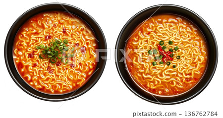 Delicious Korean ramen with boiled eggs, grilled pork, onions, and seaweed in black bowl isolated on white background 136762784