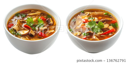 Hot and sour soup with chicken, mushrooms, bell peppers, fresh herbs in white bowl, isolated on white background Hot and sour soup with chicken, mushrooms, bell peppers, fresh herbs in white bowl, isolated on white background 136762791
