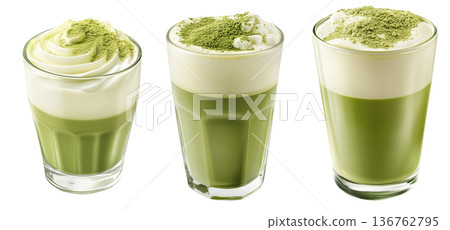 Creamy matcha latte topped with whipped cream and green tea powder in glass, isolated on a white transparent background Creamy matcha latte topped with whipped cream and green tea powder in glass, isolated on a white transparent background 136762795