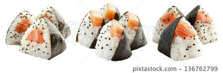 Japanese salmon onigiri rice ball wrapped in nori seaweed, isolated on white background, Asian cuisine concept Japanese salmon onigiri rice ball wrapped in nori seaweed, isolated on white background, Asian cuisine concept 136762799