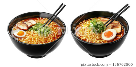 Delicious Korean ramen with boiled eggs, grilled pork, onions, and seaweed in black bowl isolated on white background 136762800