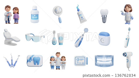 Modern set of 3d dental icons in calming blue and white tones, perfect for dentist websites, oral care apps, and professional healthcare presentations 136762834