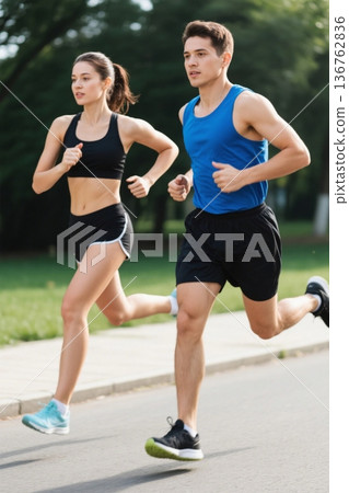 情侣在公园跑步运动健身 136762836