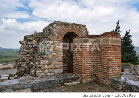Ancient stone and brick archway at Ayasuluk Castle, Selcuk, Izmir, Turkey Ancient stone and brick archway at Ayasuluk Castle, Selcuk, Izmir, Turkey 136762956