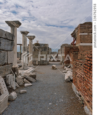Historic Basilica of St John ruins with ancient columns and brick walls, Selcuk, Izmir, Turkey Historic Basilica of St John ruins with ancient columns and brick walls, Selcuk, Izmir, Turkey 136762958