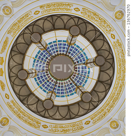 Omar Ali Saifuddien Mosque interior dome with intricate golden calligraphy and stained glass, Bandar Seri Begawan, Brunei 136762970