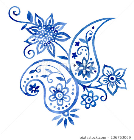Oriental floral and paisley ornament. Blue watercolor patterns 136763069