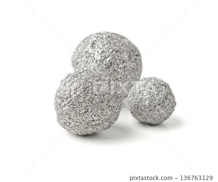 Aluminum Foil Ball Isolated, Wrinkled Aluminium Sphere, Crumpled Tin Material, Abstract Tinfoil Object 136763129