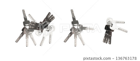 Keys and lock cylinder for door lock isolated. Pin tumbler components ready to replace or repair 136763178