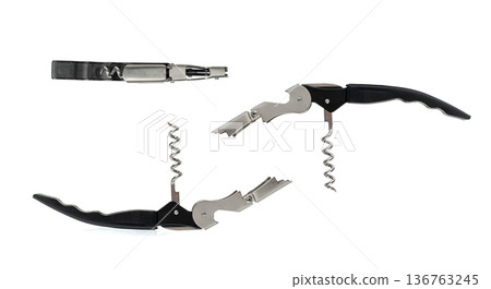 Black Corkscrew Isolated, Wine Bottle Opener, Metal Cork Screw on White Black Corkscrew Isolated, Wine Bottle Opener, Metal Cork Screw on White 136763245