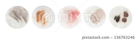 Dirty Cotton Pads and Swabs Isolated, Makeup Removal, Used Cotton Disks after Makeup Cleansing 136763246
