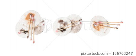 Dirty Cotton Pads and Swabs Isolated, Makeup Removal, Used Cotton Disks after Makeup Cleansing 136763247