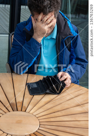 Empty wallet in hands close-up. A black wallet with no money, poor person, economy crisis 136763269