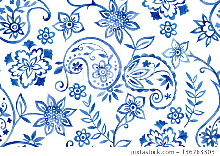 Seamless print of oriental floral and paisley ornaments. Blue watercolor pattern 136763303