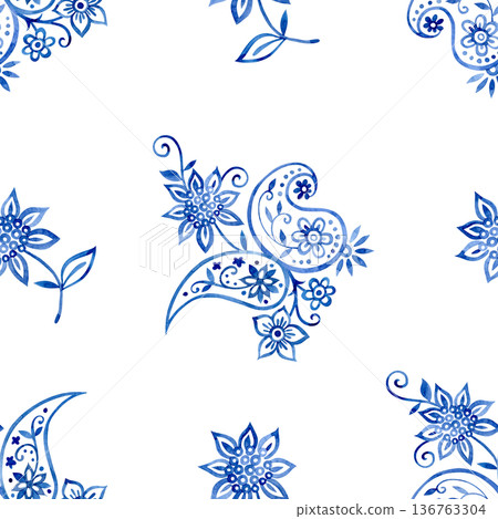Seamless print of oriental floral and paisley ornaments. Blue watercolor pattern Seamless print of oriental floral and paisley ornaments. Blue watercolor pattern 136763304