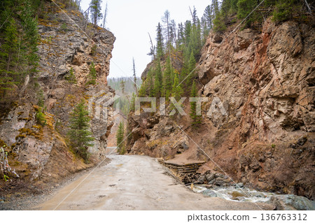 Red Gates canyon entrance on gravel road in Altai Russia. Natural rock formation gateway between cliffs 136763312