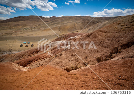 Panoramic view of red and yellow mountains with canyons and gorges at Mars Altai Russia. Popular tourist destination showcasing unique colorful geological formations. Panoramic view of red and yellow mountains with canyons and gorges at Mars Altai Russia. Popular tourist destination showcasing unique colorful geological formations. 136763316