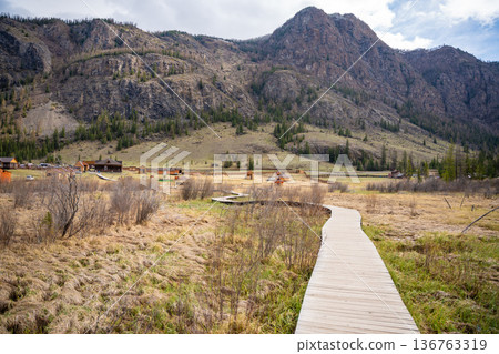 Wooden trail over marshy terrain near Blue Geyser Lake Aktash Altai Russia. Nature path guiding visitors to volcanic lake Wooden trail over marshy terrain near Blue Geyser Lake Aktash Altai Russia. Nature path guiding visitors to volcanic lake 136763319