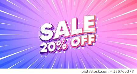 Sale sun rays gradient banner. Light burst background. Sale 20 percent off discount. Promotion price offer sign. Retail badge symbol. Gradient sun rays. Sunburst light. Vector 136763377