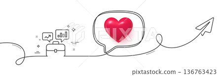 Business portfolio with Growth charts line icon. Continuous line with share plane. Job Interview sign. 3d heart in speech bubble. Business portfolio single line ribbon. Loop curve pattern. Vector Business portfolio with Growth charts line icon. Continuous line with share plane. Job Interview sign. 3d heart in speech bubble. Business portfolio single line ribbon. Loop curve pattern. Vector 136763423