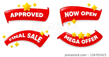 Approved flag ribbon. Mega discount, Final sale, Now open. Approved message. Permission access sign. Accepted document symbol. Red flag ribbon banners. Promo offer tags. Vector Approved flag ribbon. Mega discount, Final sale, Now open. Approved message. Permission access sign. Accepted document symbol. Red flag ribbon banners. Promo offer tags. Vector 136763425