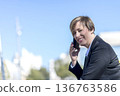 Businesswoman smiling while talking on smartphone 136763586