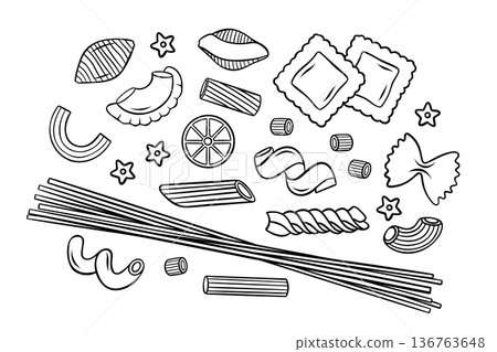 Large vector set of different types of pasta, simple black and white icons. Collection of Italian pasta shapes for culinary design, packaging or restaurant menus Large vector set of different types of pasta, simple black and white icons. Collection of Italian pasta shapes for culinary design, packaging or restaurant menus 136763648
