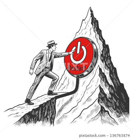Businessman Pressing Restart Button Mountain Peak Businessman Pressing Restart Button Mountain Peak 136763874