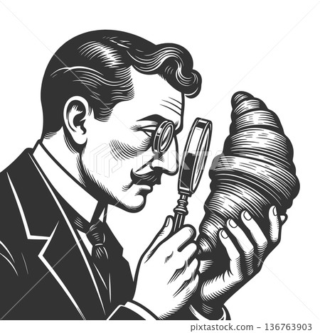 Man Examining Large croissant Magnifying Glass Man Examining Large croissant Magnifying Glass 136763903