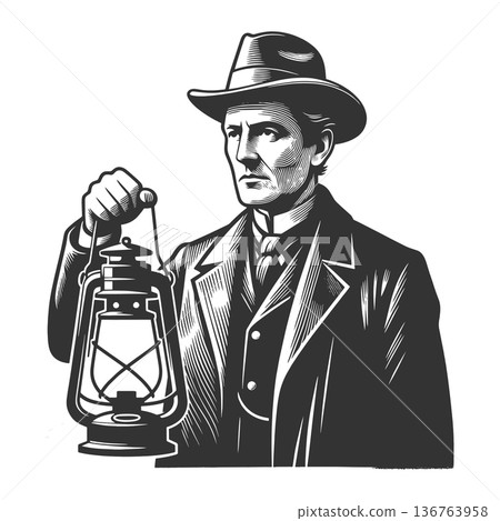 Victorian Gentleman Holding Lantern at Night 136763958