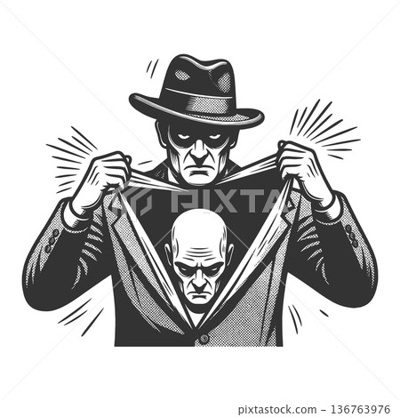 Man Revealing Hidden Evil Alter Ego Illustration 136763976