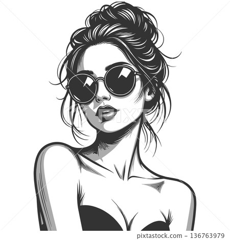 Woman with Round Sunglasses engraving raster Woman with Round Sunglasses engraving raster 136763979